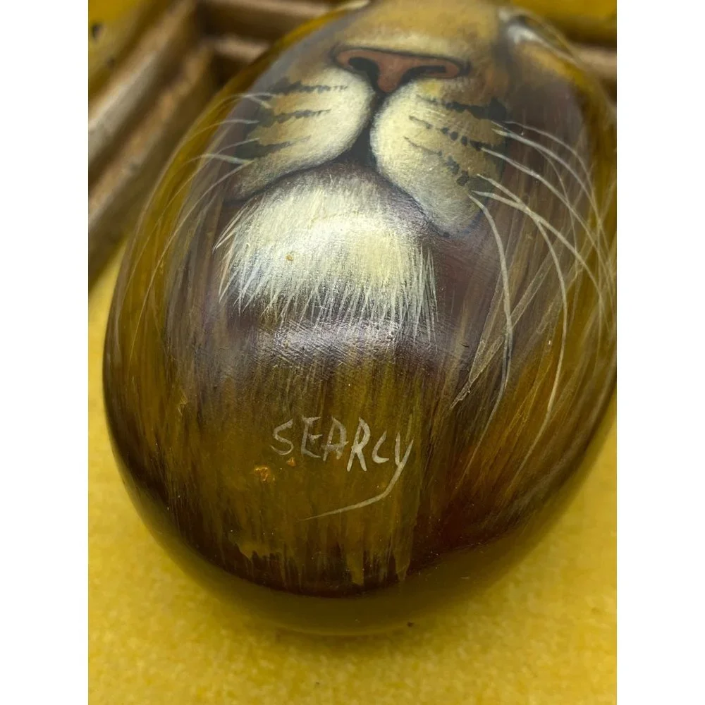 African hand painted lions face on stone egg framed signed Searcy rustic